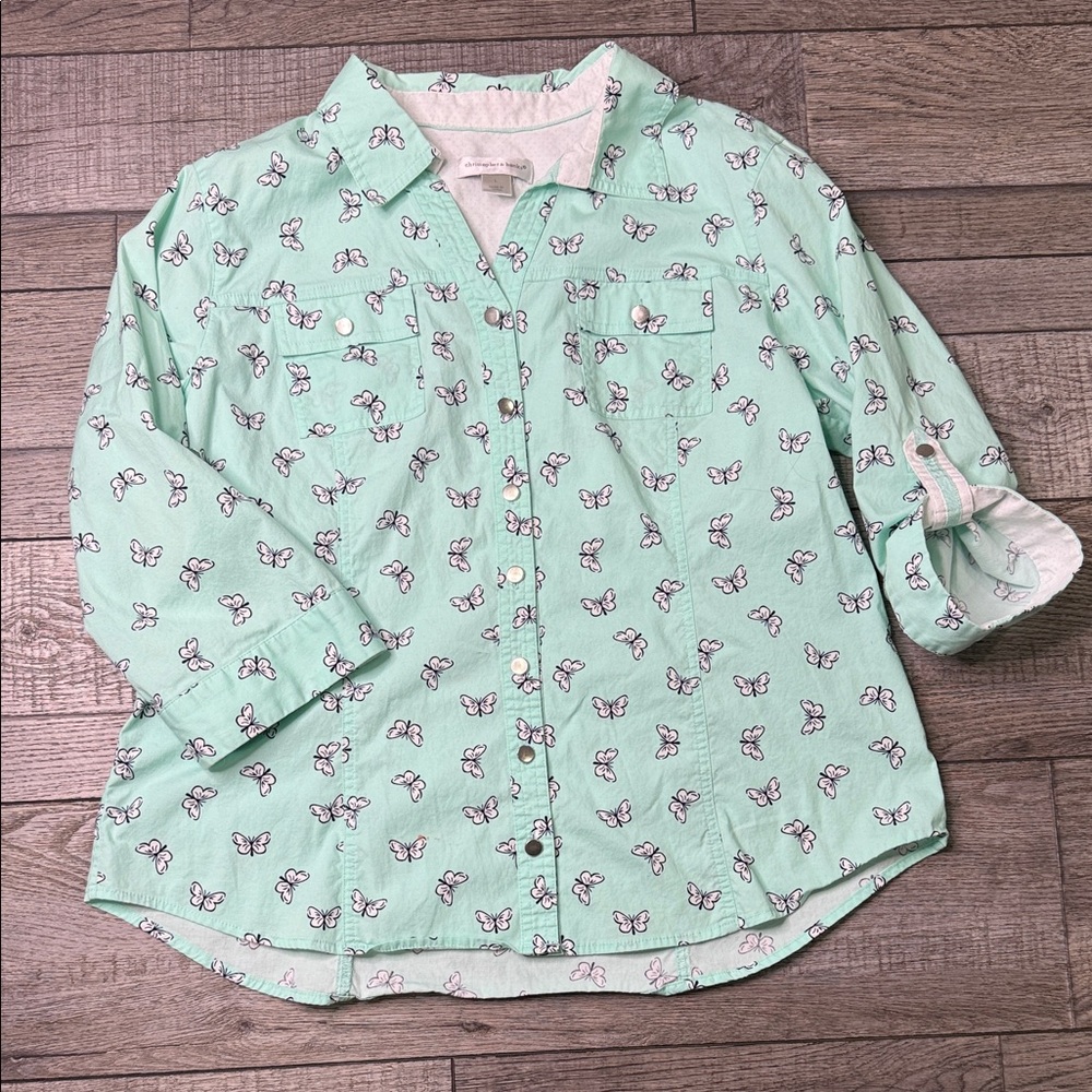 Christopher & Banks Light Green Butterfly Woman Blouse